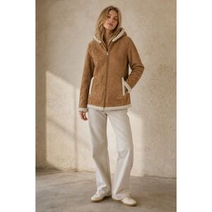 IZ Sport M Faux Suede Jacket Shearling Hooded Coat Tan Winter Warm Cozy